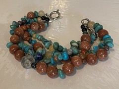 Vintage Bracelet Turquoise Nugget Onyx Goldstone Jasper Agate Multi Strand 7in