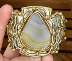 Three-Tone Handmade Artisan Metal Cuff Bracelet w/ Bezel-Set Teardrop Stone