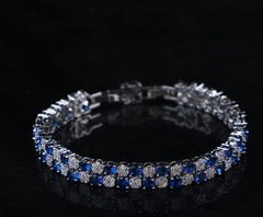 925 Silver Blue Sapphire Tennis Bracelet Double Row Cluster Crystal Link Gift