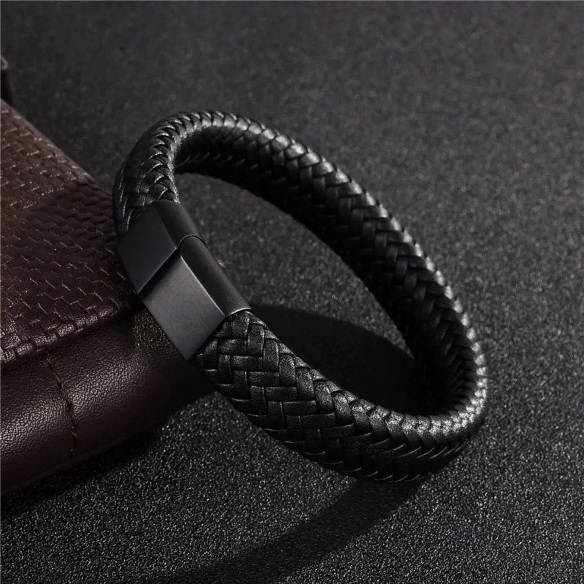 Black Bracelet Men's Braided Leather Bangle Stainless Steel Cuff Wristband USA gallery