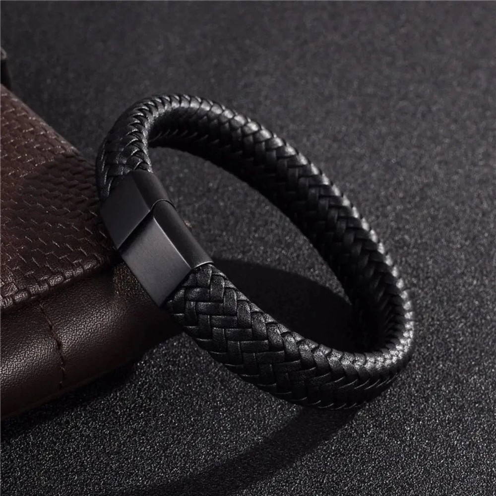 Black Bracelet Men's Braided Leather Bangle Stainless Steel Cuff Wristband USA