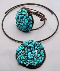 Turquoise Flex Wire Necklace & Bracelet Stone Chip Brown Cotton Thread Over Wire