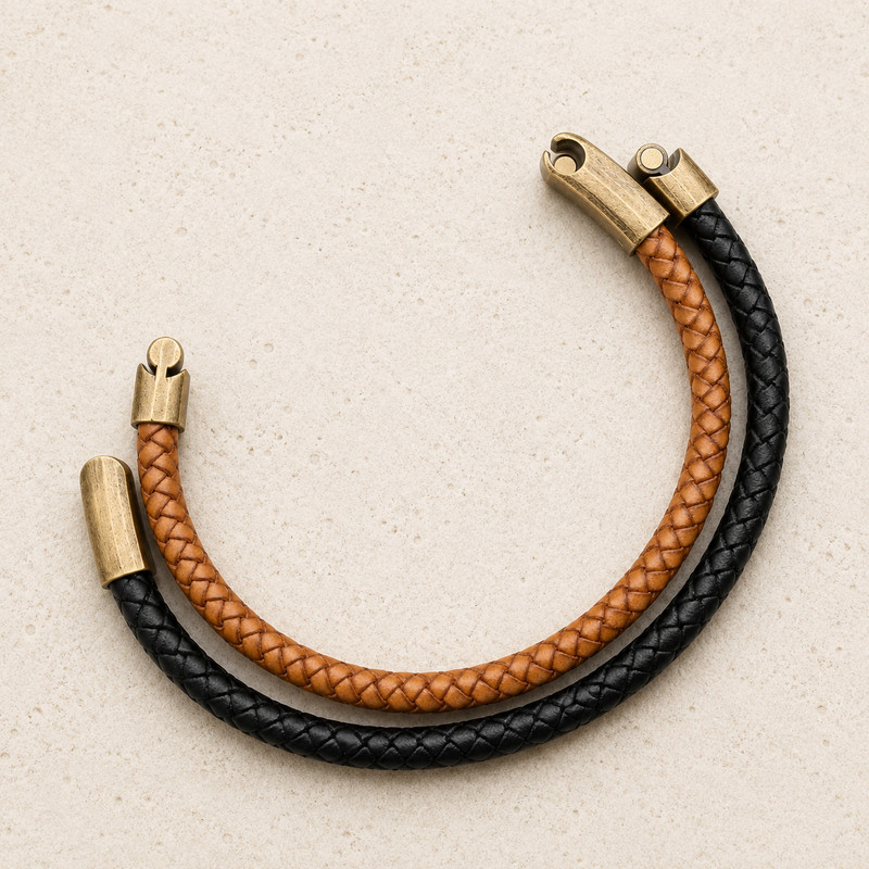 Men’s Leather Bracelet – Black or Tan – Braided – XL 22.5cm – Magnetic Clasp gallery