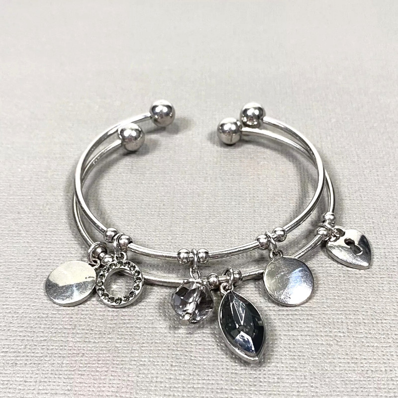 Silver Tone Barbell Cuff Charm Bracelet Set Stackable Rhinestone Heart Key gallery