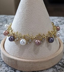 Multi Tone Faux Pearl Rhinestone Vine Leaf Bracelet FREE SHIPPING