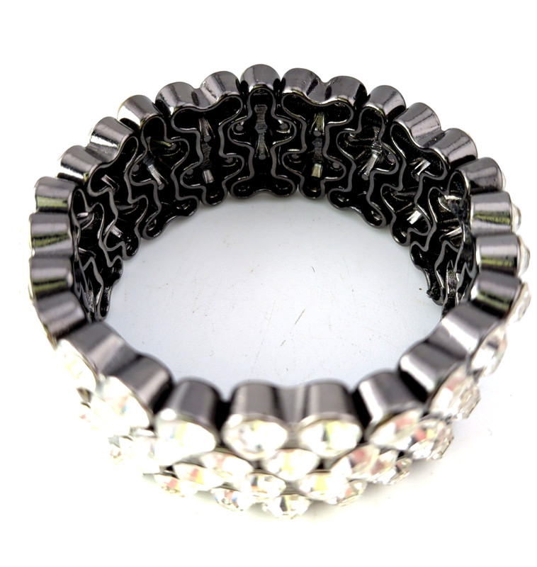 Large Rhinestone Stretch Bracelet w/ Gunmetal Finish Statement Chunky Glam 1" gallery