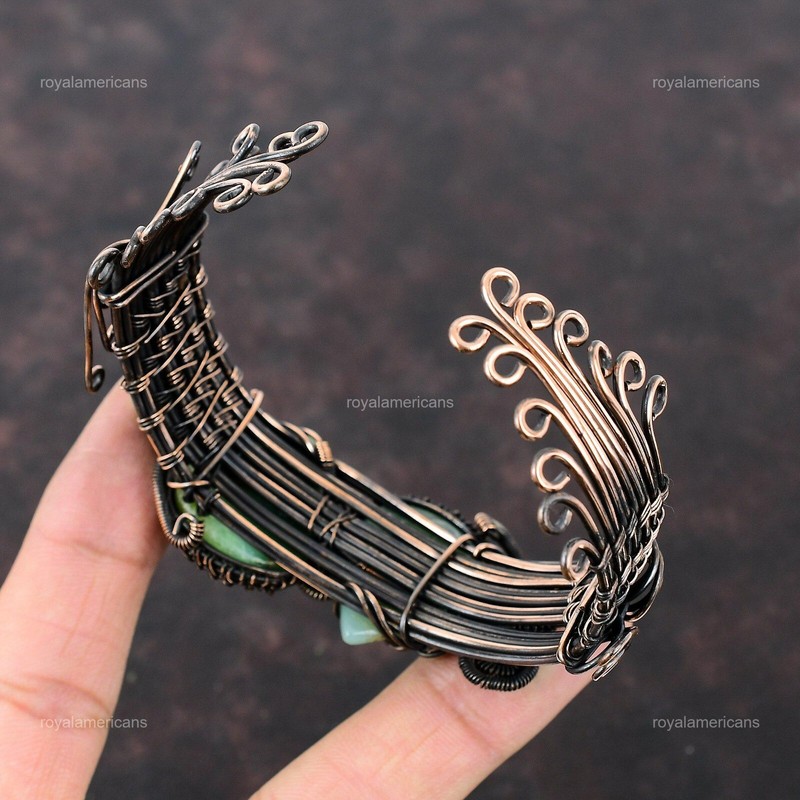 Gift For Her Chrysoprase Wire Wrapped Cuff Adjustable Bangle Copper Jewelry gallery