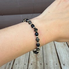 Vintage Beaded Stack Bracelet Black Silver Tone Ornate Boho S-Hook Clasp