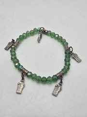 St Jude Bracelet Beaded Green Stretch Bracelet With Silver Tone Charms