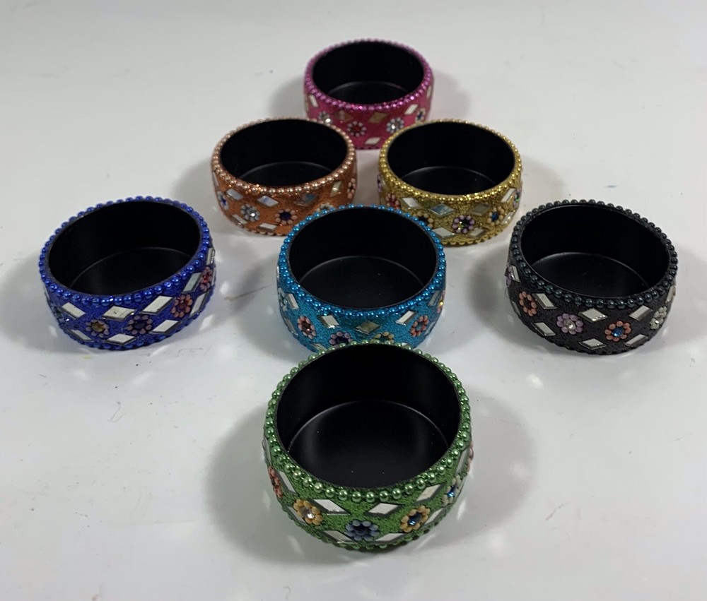 Tea Light Holder Cup 7 Colors Sparkles Mirror & Bead Pieces All Over Elegant
