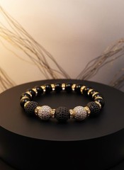 Black Onyx Bracelet with Silver & Gunmetal CZ Beads & Rhinestone Spacers, Unisex