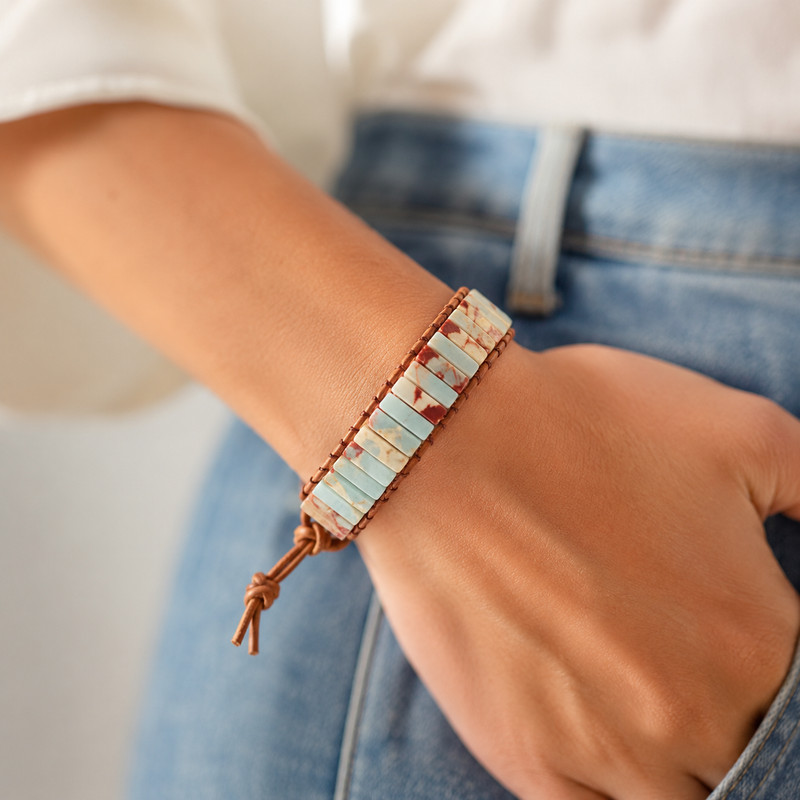 Natural Sea Sediment Jasper Bracelet Leather Wrap Boho Gemstone Flower Cuff gallery