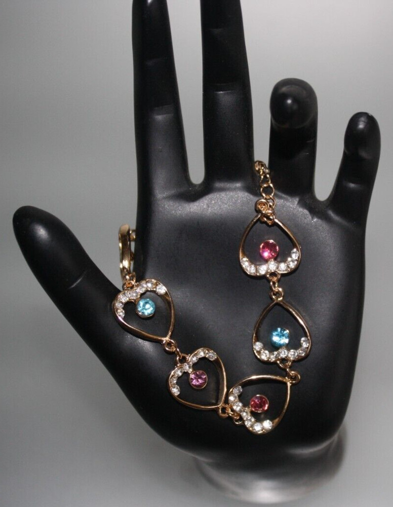 Colorful Rhinestone Heart Bracelet Gold Women's Fashion Jewelry Love Beauty New