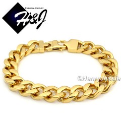 7.5″-11″MEN Stainless Steel 11mm Gold Plated Cuban Curb Link Chain Bracelet