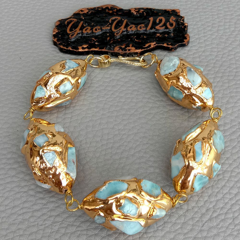 Natural Blue Larimar Gold Plated Olive shape Bracelet gallery