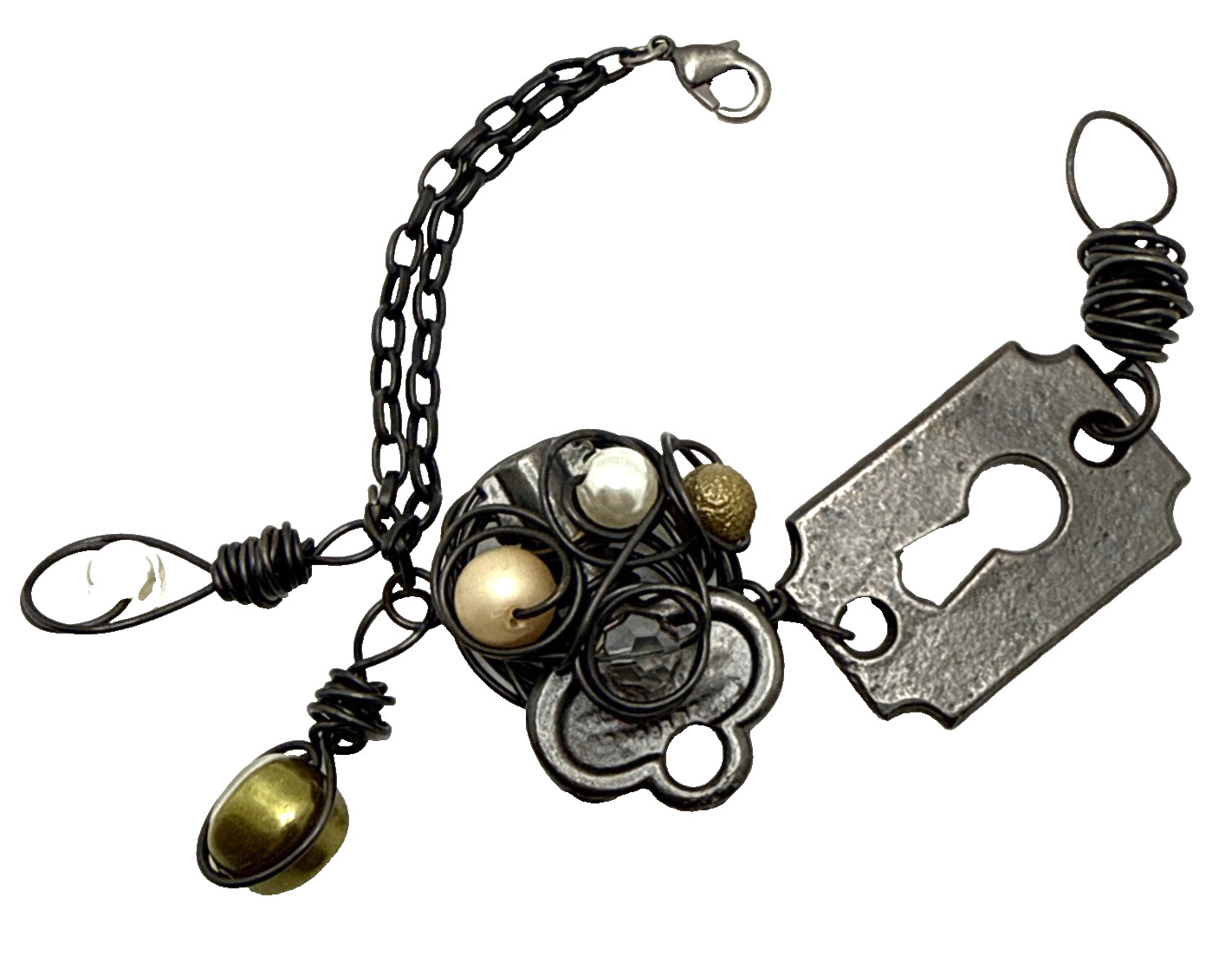 Found Object Steampunk Bracelet Wire Wrapped Keyhole Key Charm Gothic Art 8" gallery