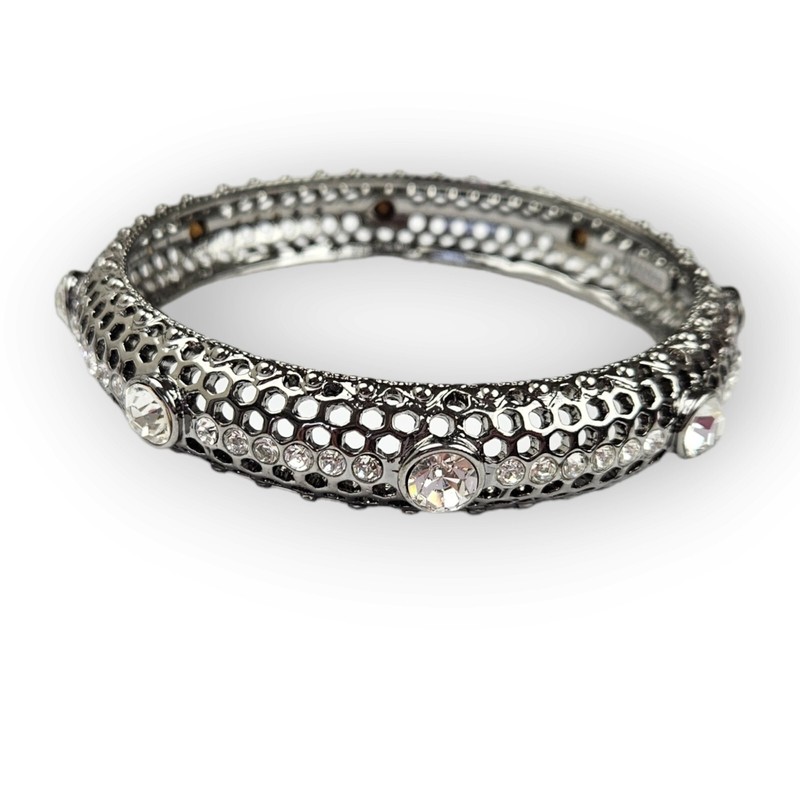 Rhinestone Bangle Bracelet Chunky Perforated Dark Silver Tone Curved ~9" Around gallery