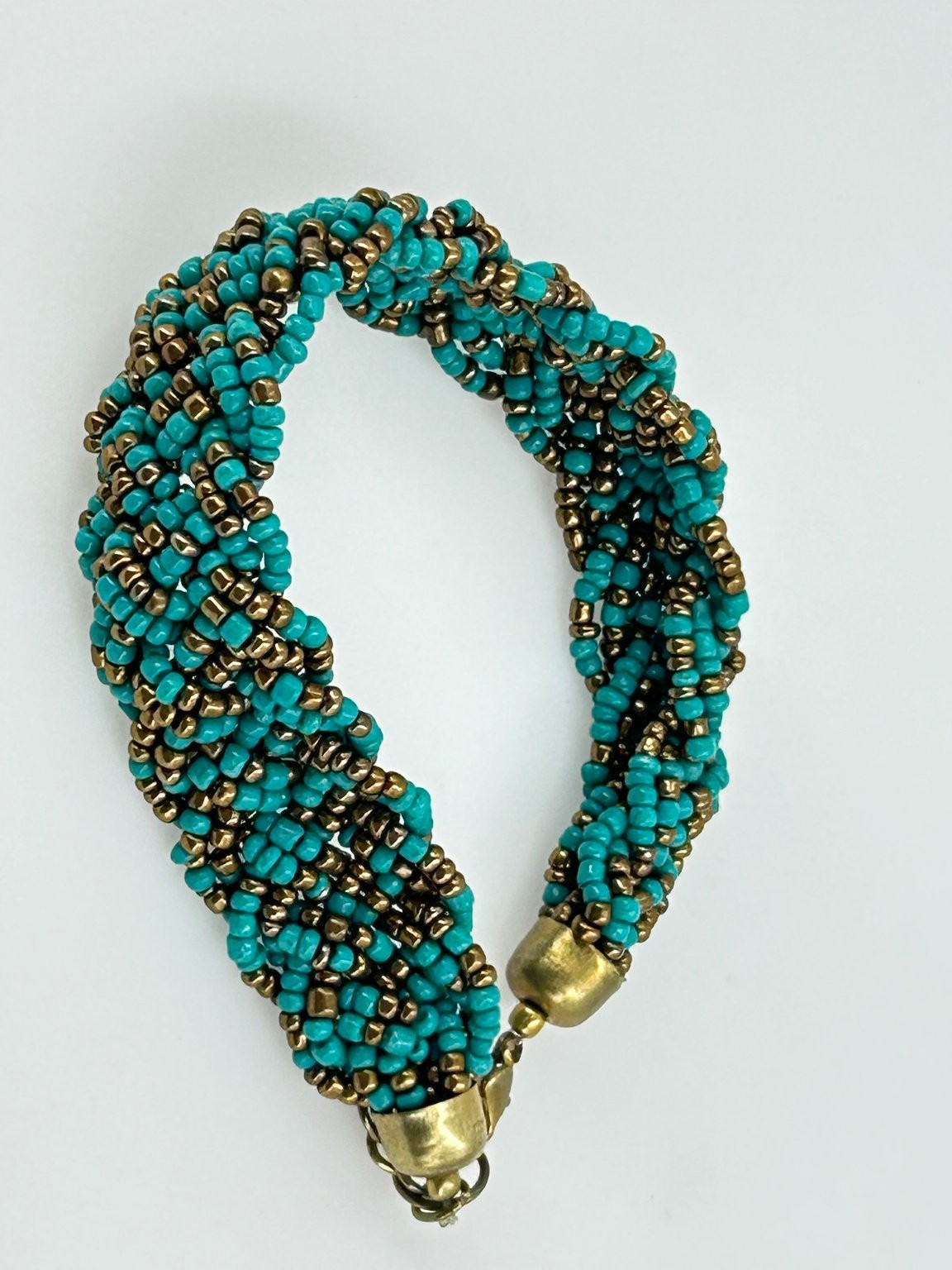 Beaded Braided Bracelet Adjustable Turquoise Bronze Seed Beads 8-10 inches gallery