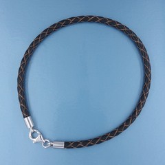 7.5″ Sterling Silver 3mm Braided Round Black / Brown Genuine Leather Cord Bangle