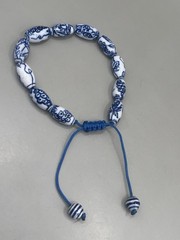 VTG Asian Floral Blue White porcelain Beaded Adjustable Bolo Blue Cord Bracelet