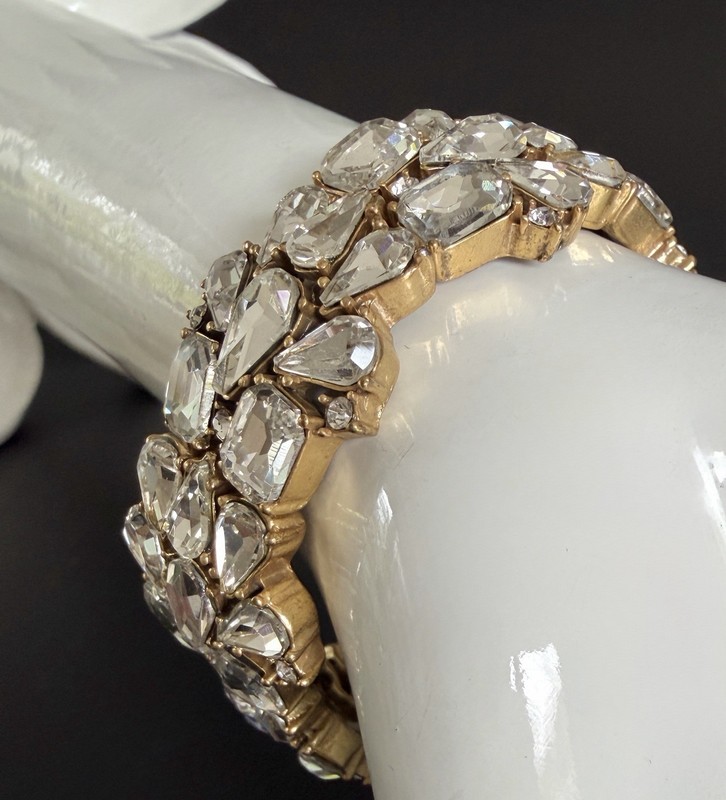 J. Crew Statement Bracelet Gold Tone Clear Crystal Cluster Stretch Wedding gallery