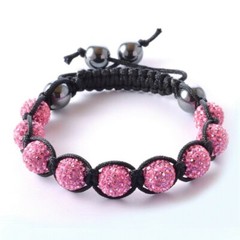 Pink Crystals Black Cord Beaded Ball Bracelet