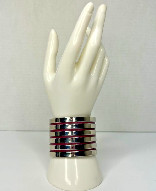 Wide Cuff Bracelet 2in Silver Tone Purple Leather Underlay Rivets Layered Biker gallery