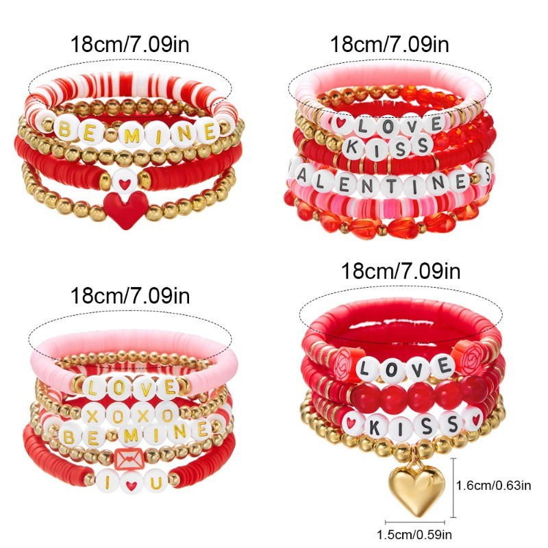 8/16/32P Valentine Stackable Beaded Pink Love Heart Elastic Bracelet for Women gallery