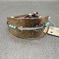 West & Co Brass Tone Arrow Cuff Bracelet Turquoise Beads Adjustable Leather Cord