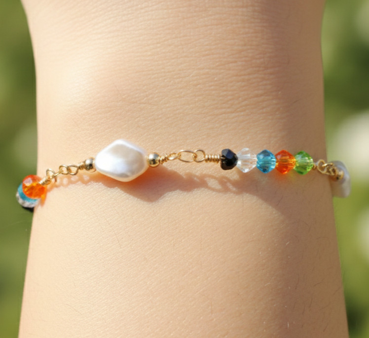 Handmade Gold Tone Bracelet Multi-Color Crystal & Pearl Beaded Bracelet gallery