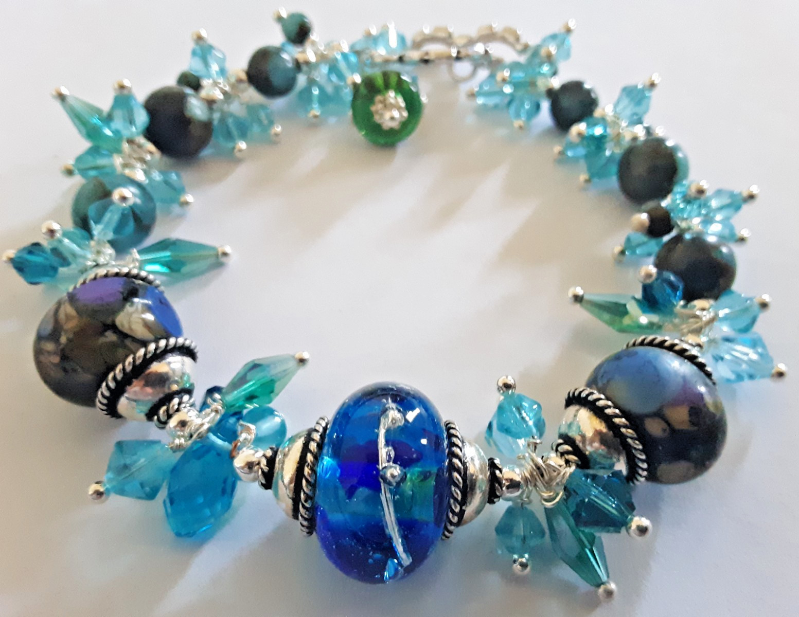 Turquoise BLUE BRACELET Crystal Fringed CHA CHA Lampwork Beads New 8" Designer gallery