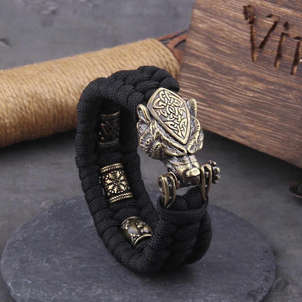 Viking Wolf Punk Rock Wristband Bracelets Men's Handmade Cord Bead Biker Jewelry