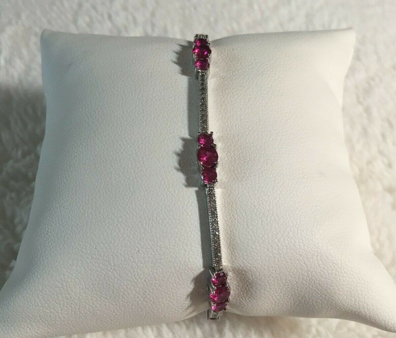 Sterling Silver Rhodium 3-Stone Pave Ruby & White CZ 7" Tennis Bracelet MSRP 48$ gallery