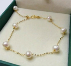 7in Gorgeous AAA+ 6-7mm natural Akoya White round pearl bracelet 14k gold