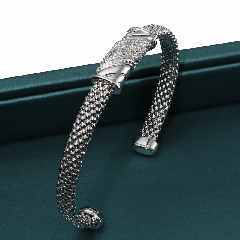 925 Solid Sterling Silver CZ Bar Italian Cuff Bracelet Slip On Bangle 6"-7" gallery