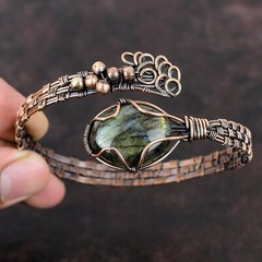 Labradorite Copper Gift For Bridesmaid Wire Wrapped Adjustable Bangle