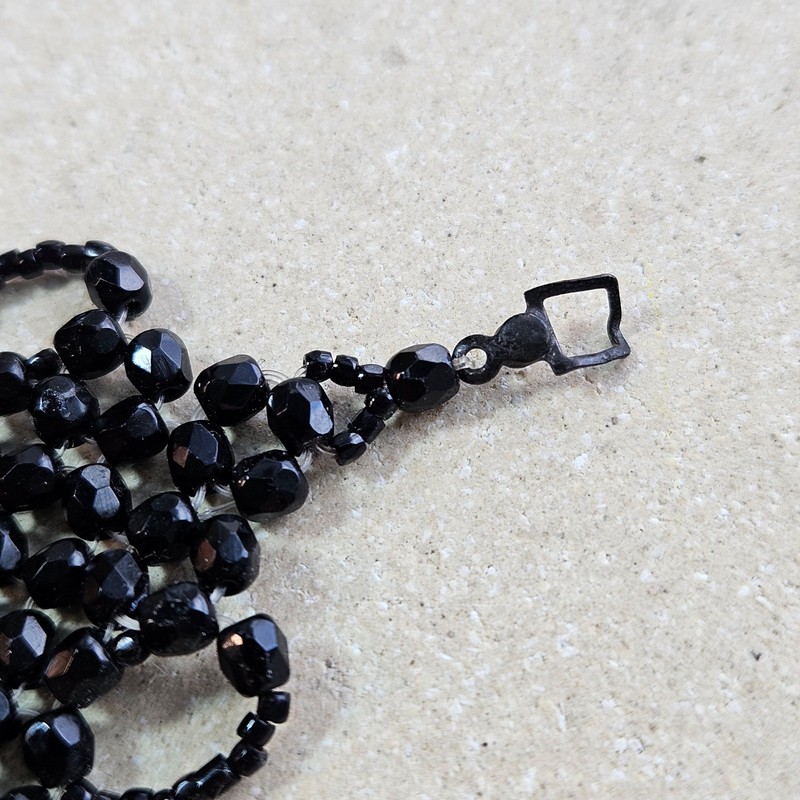 Antique Victorain Black Faceted Jet Beaded Wide Cuff Bracelet Fold Over Clasp gallery