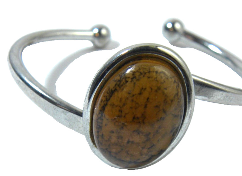 Vintage Statement Bracelet Cuff Brown Stone Silver Tone Asymmetrical gallery