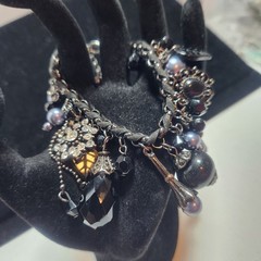 Black Gothic Charm Bracelet Gunmetal Crystal Pearl Witchy Victorian Statement