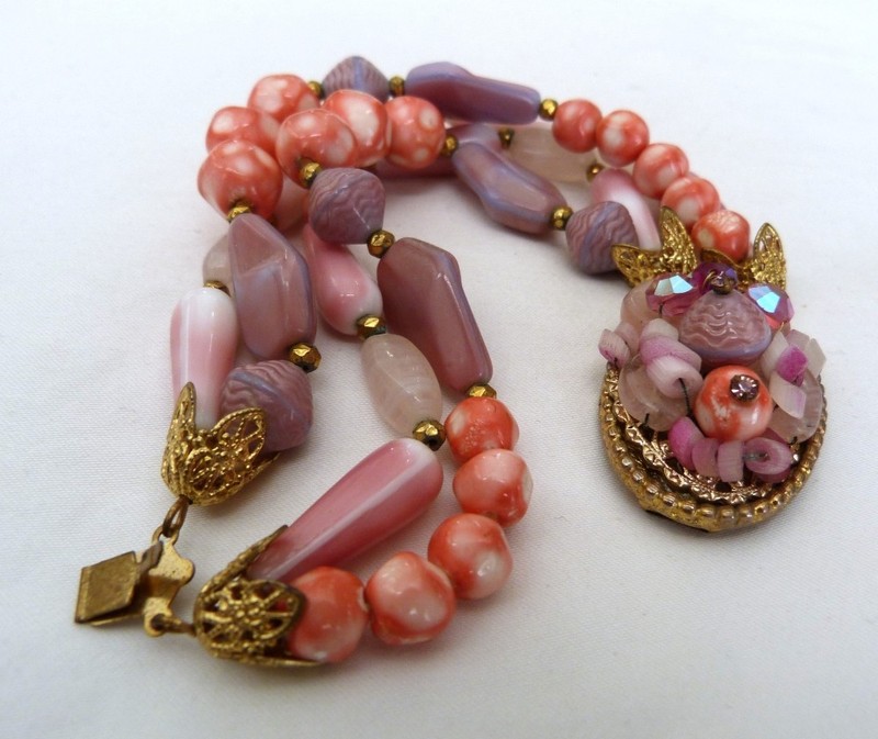 VTG LARGE HAND WIRED PINK ART GLASS AURORA BOREALIS CRYSTAL GLASS BEAD BRACELET gallery