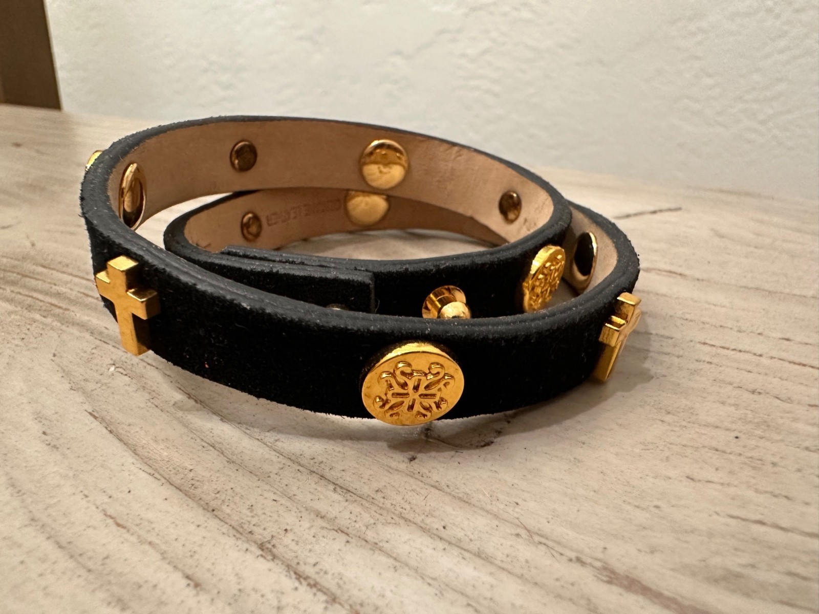 Rustic Cuff Thin Black Wrap Bracelet Gold Charm and Cross Accents gallery