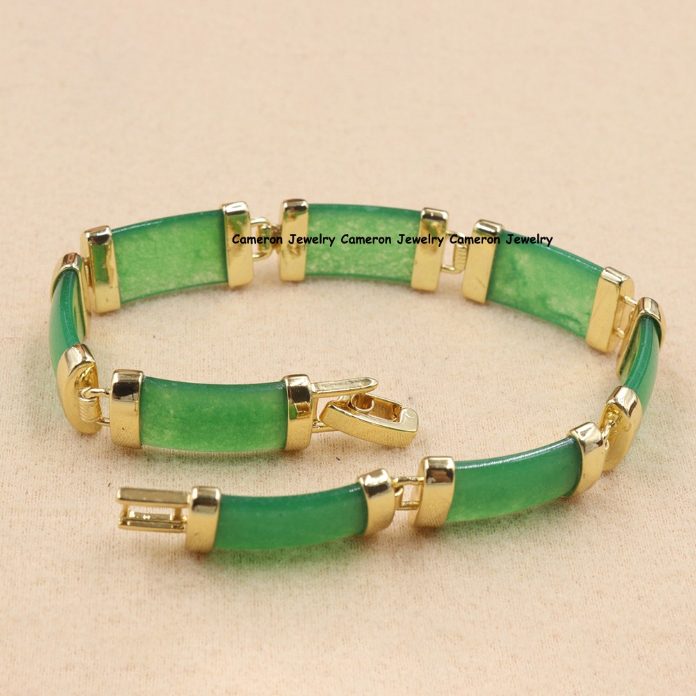 Real 18K GP Heated Jade Lucky Curved Panel Link Bracelet For Women 7.5inch gallery