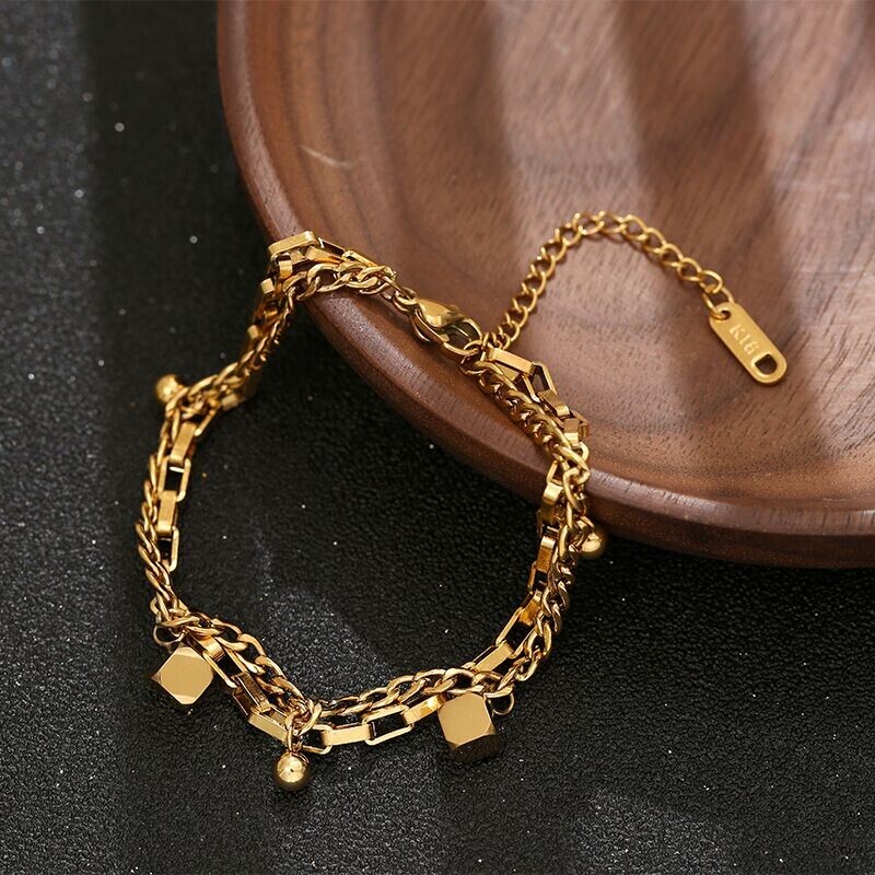Woman 18K Gold Plated Stainless Steel Cubes Box Curb Chain Bracelet Bangle 7.9'' gallery