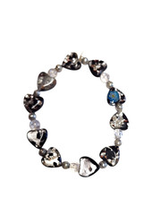 Dichroic Foil Art Glass Heart Beaded Stretch Bracelet Black White Silver Blue