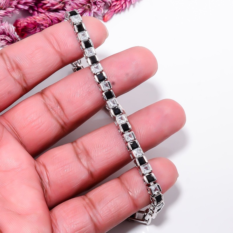 Black Onyx, CZ 925 Sterling Silver Adjustable Bracelet 7-8" B130013 gallery
