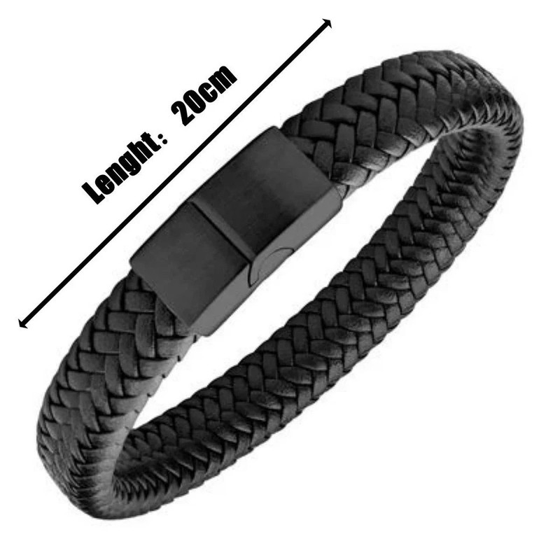 Black Bracelet Men's Braided Leather Bangle Stainless Steel Cuff Wristband USA gallery