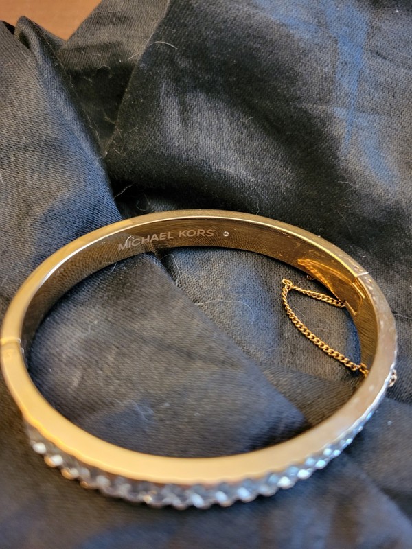 Michael Kors Gold Tone Hinged Bangle Bracelet With Baguette Stones - SPARKLY!! gallery