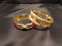 2 Enamel Metal Bangle Bracelets Chic Classy Hinged Red and gold Tone