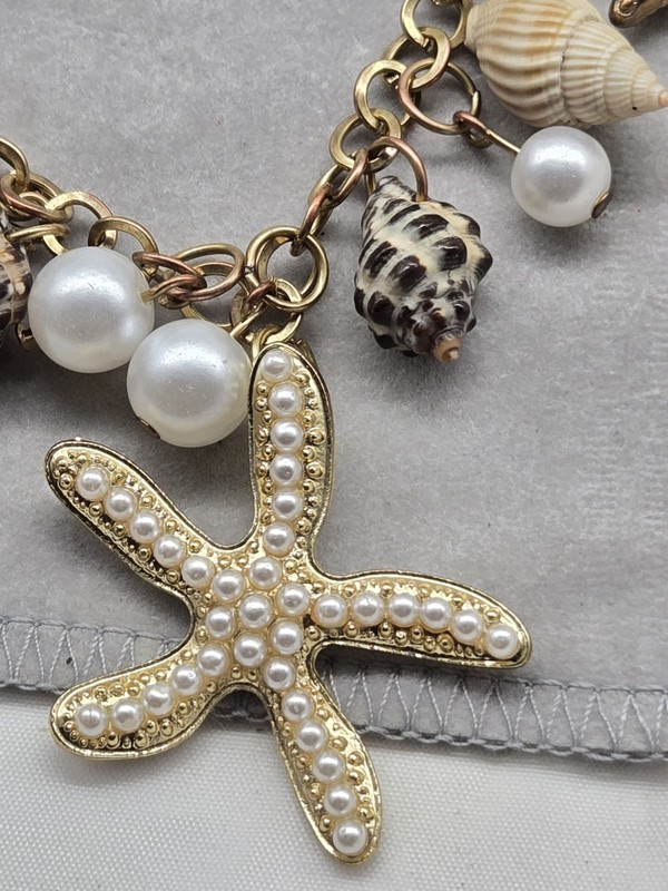 Nautical Theme Bracelet Shell Charms Goldtone Metal Chain Faux White Pearls Read gallery