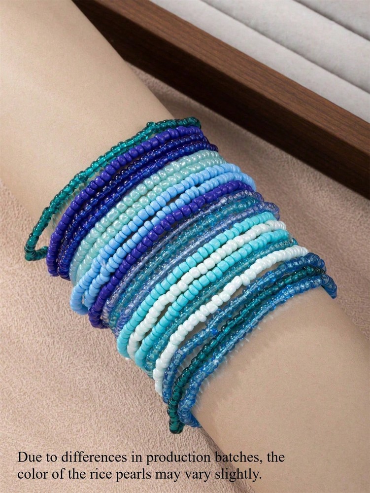 20pcs Blue Bohemian Gradient Beaded Elastic Bracelet Set Mix Match